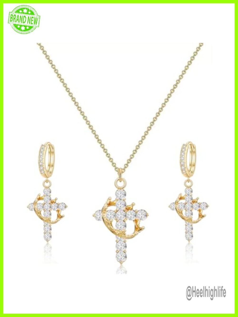 14k Gold Plated Cubic Zirconia Crown Cross Necklace Earring Set...
